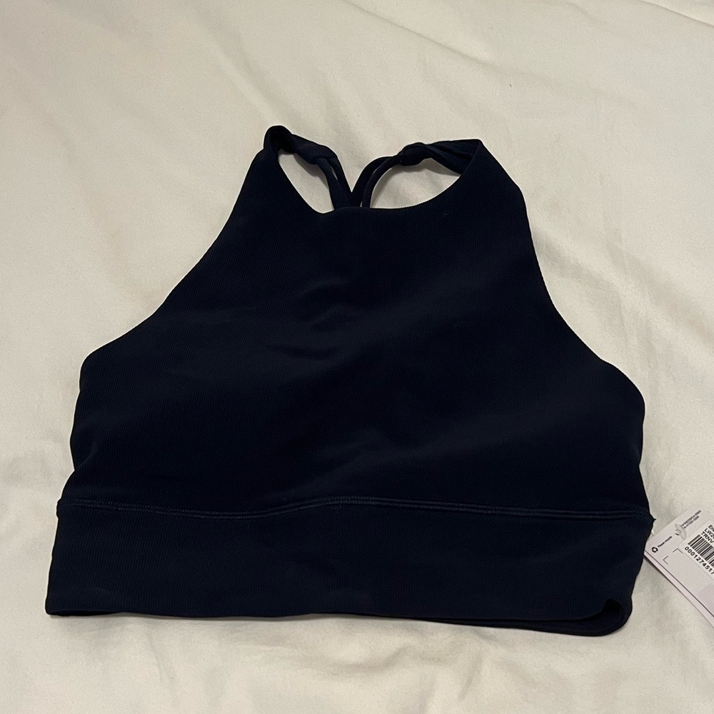 true navy lululemon high neck long line ribbed energy bra